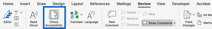Microsoft Word tool bar showing the check accessibility button under the review tab. 