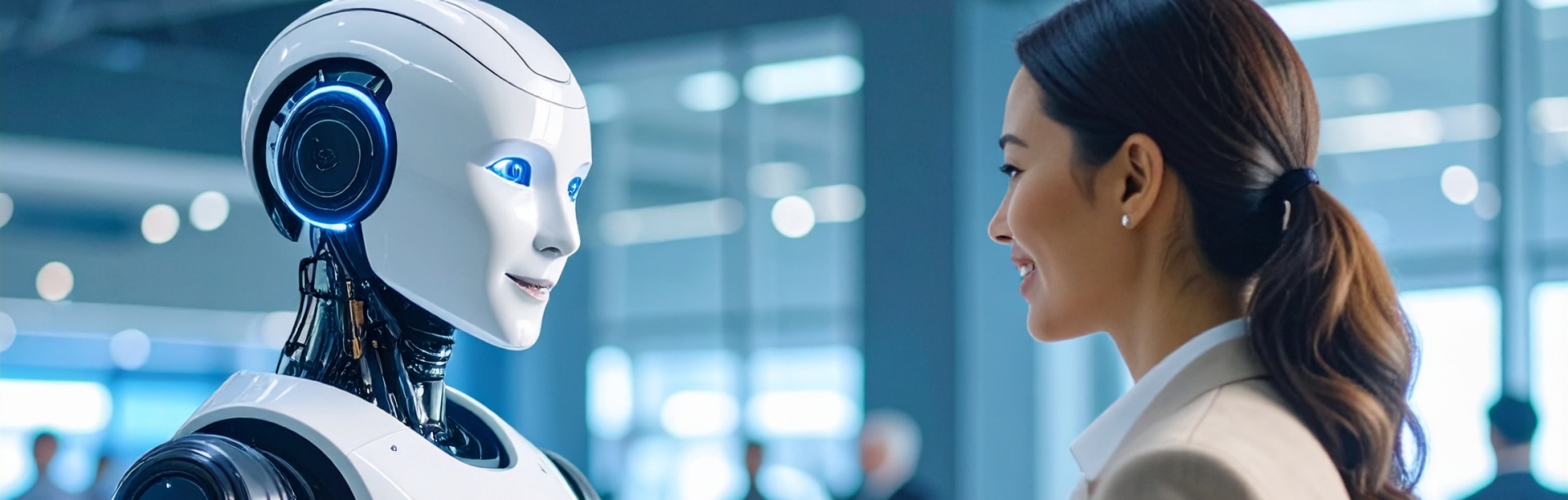 An AI robot shaking hands with a business woman in an office setting.