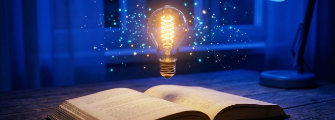 Image of a book with lightbulb on top and a digital web radiating out from the lightbulb. 