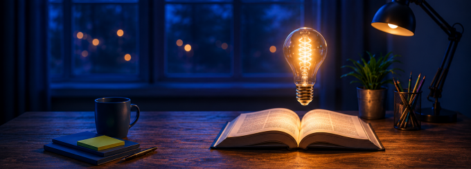 Image of a book with lightbulb on top and a digital web radiating out from the lightbulb. 