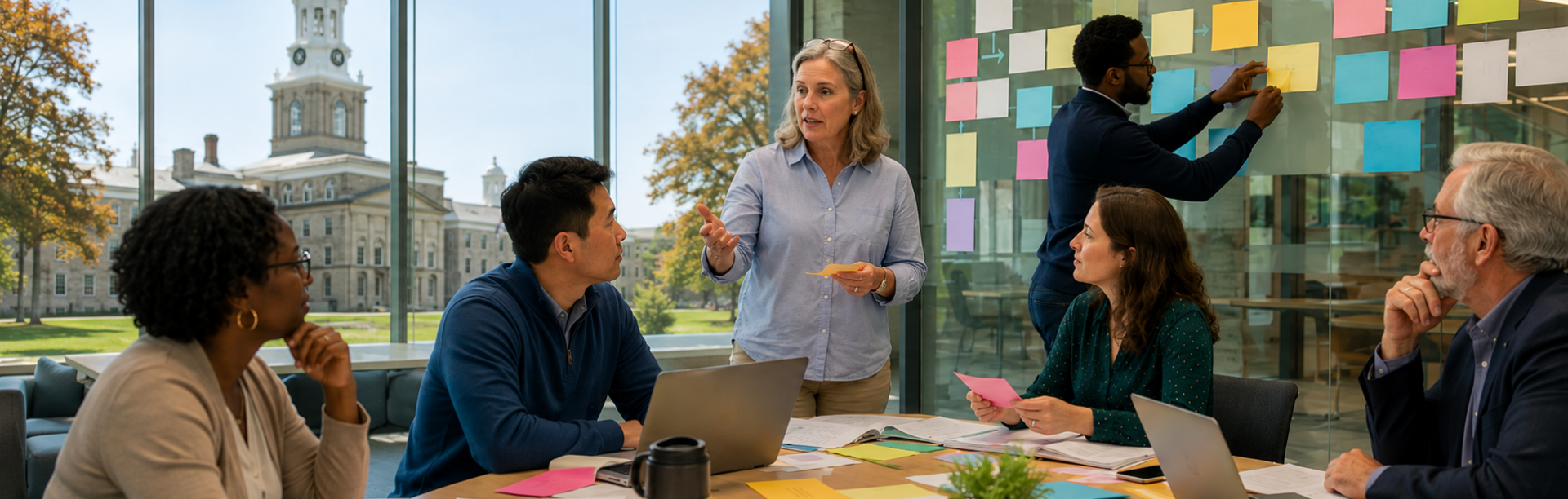 Diverse university staff collaborate around a conference table while discussing a change-management plan, with colorful notes arranged on a glass wall and a campus building resembling UB’s Hayes Hall visible through the windows.