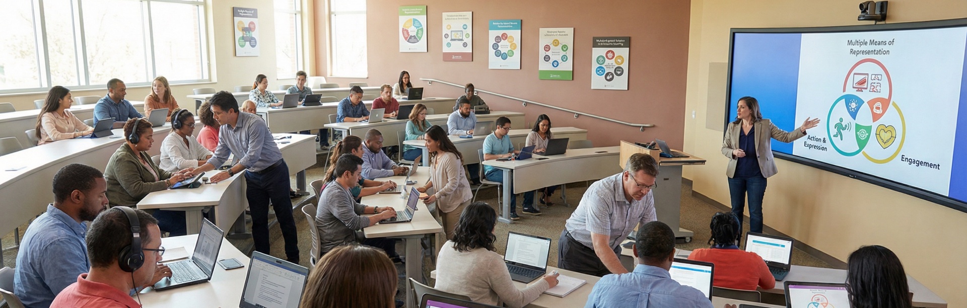 A classroom setting where a diverse group of students engages with digital learning materials that exemplify Universal Design for Learning (UDL) principles. Brightly lit with natural lighting, the room features accessible technology like adaptive devices and large screens displaying interactive content. 