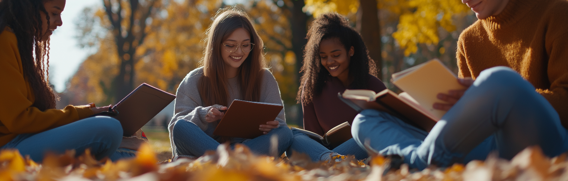 Students sitting in a grassy area surrounded by leaves studying.