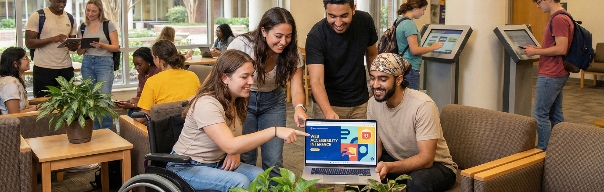 Students reviewing accessibility features on a laptop in a library setting. 