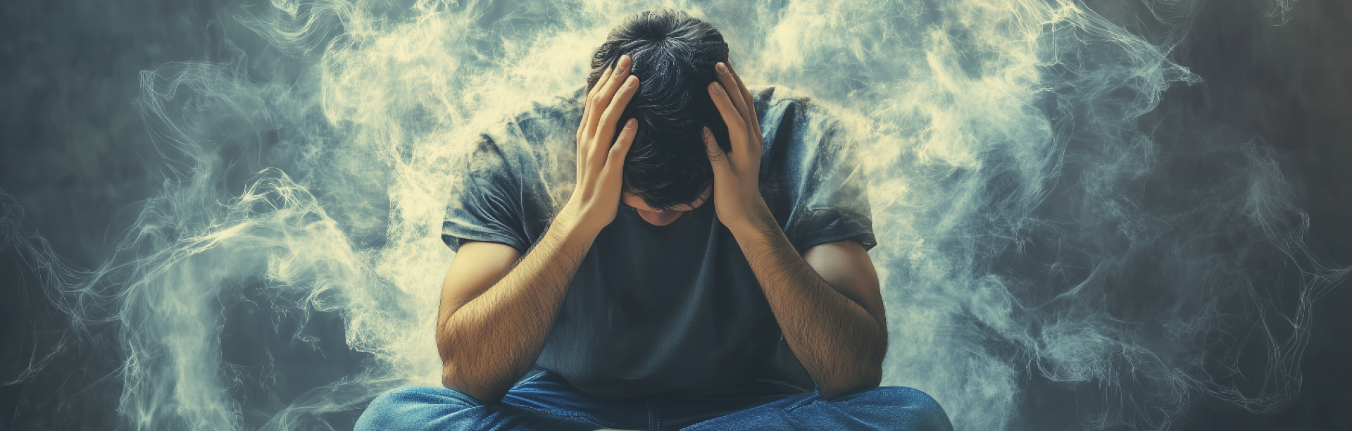 A person sitting in front of books with their hands on their head.