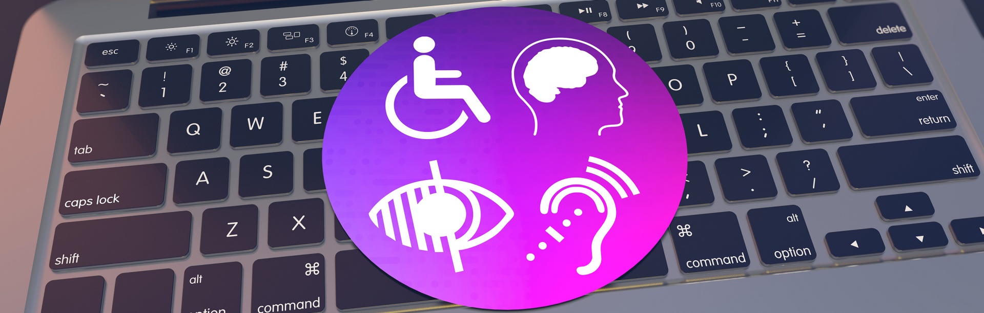 A computer keyboard with accessibility icons overlayed on top of it.