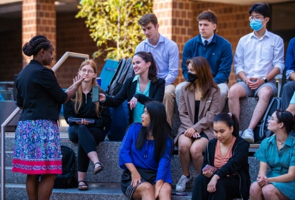 Dorothy Siaw-Asamoah, clinical associate professor of organization and human resources in the School of Management, took her class outside in September 2022. The class took place in the Paula Agrusa Plaza, a pocket park next to the Jacobs Management Center on the North Campus. 