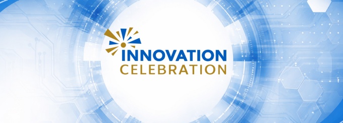 Abstract digital background in UB blue and white featuring subtle circuit patterns and hexagonal elements, with a large white circular area centered in the image and the &ldquo;Innovation Celebration&rdquo; logo placed in the middle. 