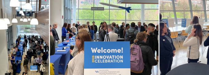 A collage of images showcasing the Innovation Celebration event. Groups of people engaged in conversation and people lookng at posters. 
