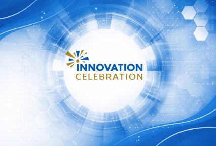 Abstract digital background in UB blue and white featuring subtle circuit patterns and hexagonal elements, with a large white circular area centered in the image and the “Innovation Celebration” logo placed in the middle. 