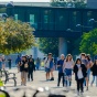 Students in the walk on North Campus on the first day of classes for the fall semester in August 2023. Photographer: Douglas Levere. 
