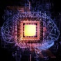 Conceptual image of a computer ship with mathematical codes and a brain integrated into one. 