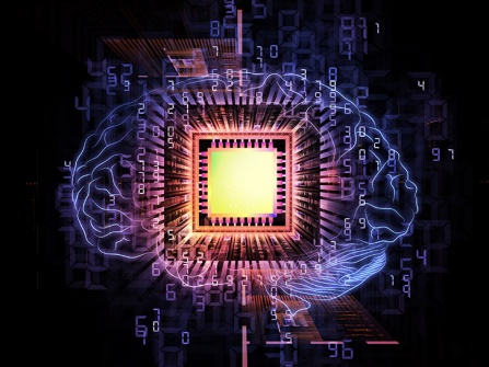 Conceptual image of a computer ship with mathematical codes and a brain integrated into one. 