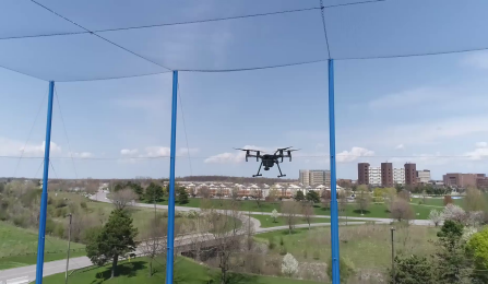 A drone flying in the SOAR facility. 