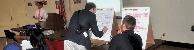 People working at a whiteboard. 