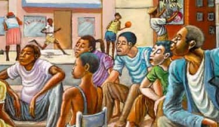 Drawn illustration of a diverse neighborhood.