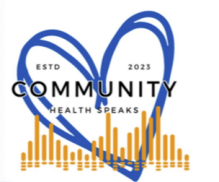 Logo for Community Health Speaks series, established 2023. A blue heart and organge bar graphic resembling PCR test results. 