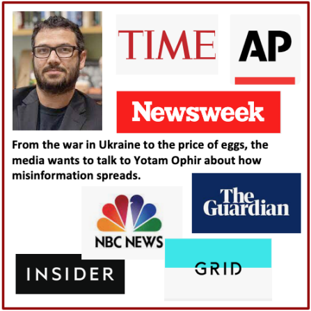 From the war in Ukraine to the price of eggs, the media wants to talk to Yotam Ophir about how misinformation spreads. Photo of Yotam Ophir. Logos for Time, Associated Press, Newsweek, The Guardian, NBC News, Insider, and Grid. 