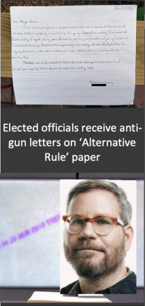 Elected officials receive anti-gun letters on ‘Alternative Rule’ paper Photos of Alternative Rule paper and Matt Kenyon. 