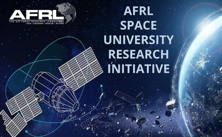 The text AFRL is in the top left. An illustration of a sattelite appears to be capturing debris. Across from the sattelite, debris moves awary from a planet. In between the sattelite and planet is the text "AFRL SPACE UNIVERSITY RESEARCH INITIATIVE.". 