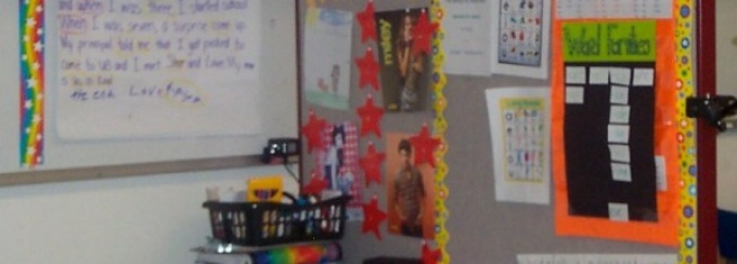 Zoom image: This tutoring carrel reflects the interests and literacy needs of a third-grade student. This child loves her mom and wrote a story, with the help of her clinicians, to explain why. 