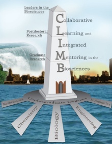 The CLIMB logo, a tower that represents the path to leadership. 