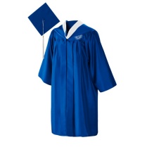 Blue cap, gown and hood with UB crest.