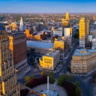 Aerial image of Buffalo City Hall taken at sunset in May 2022. Photographer: Douglas Levere. 