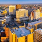 Aerial image of Buffalo City Hall taken at sunset in May 2022. Photographer: Douglas Levere. 