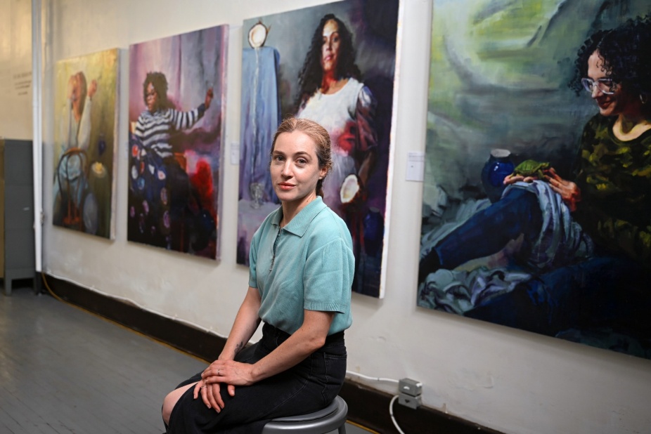Artist Claire Connolly as seen at the exhibition of her work, See Me Bearing. Photograph by Nancy Parisi, 2025. 