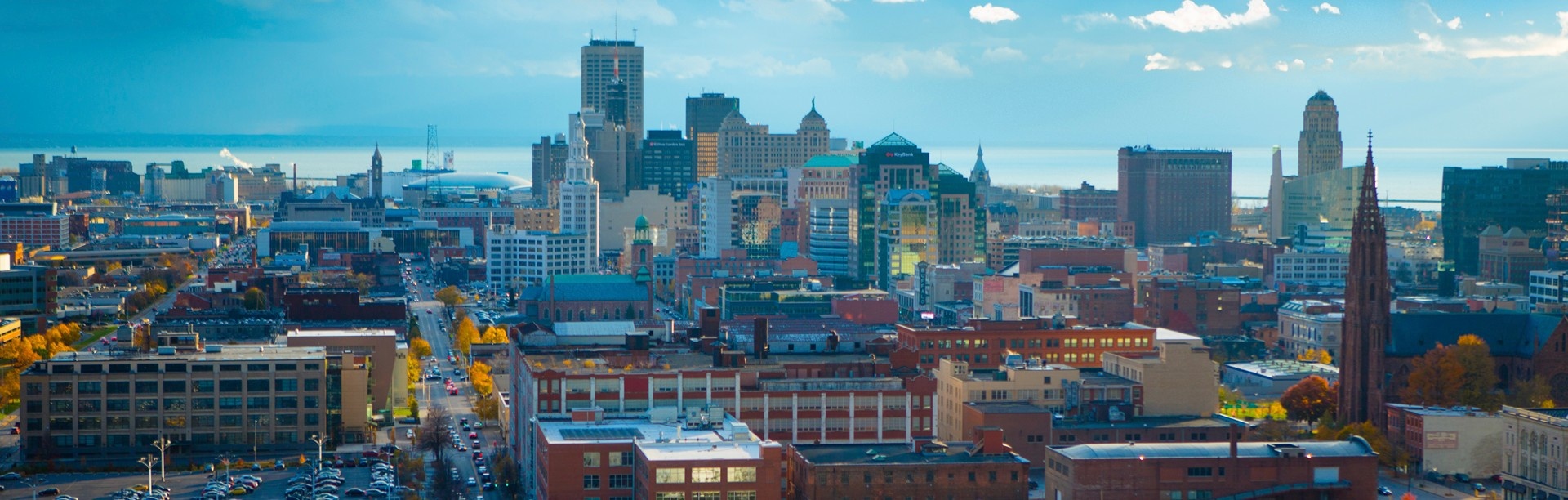 Aerial image of Buffalo City Hall taken at sunset in May 2022. Photographer: Douglas Levere. 