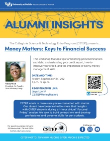 Alumni Insights Flyer featuring CSTEP Alumni Olivia West for Money Matters. 