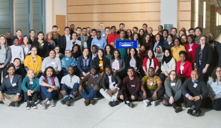 Fulbright scholars and speakers attending the 2019 Fulbright Enrichment Seminar: Combating Addiction and Addressing the Opioid Crisis at Jacobs School of Medicine and Biomedical Sciences pose for a group shot. 
