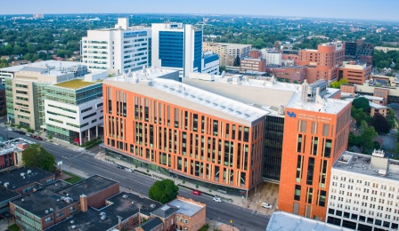 Aerial image of downtown and the Jacobs School of Medicine and Biomedical Sciences. 