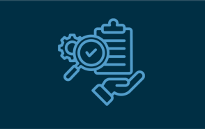 Illustration of a gear, microscope, clipboard and hand. 