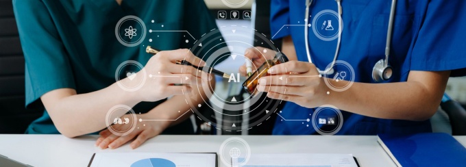 Two people holding items close together with an AI web overlay. 