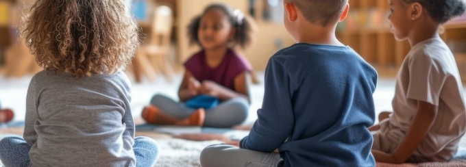A group of children sitting in a circle on the floor in a classroom with a teacher. 