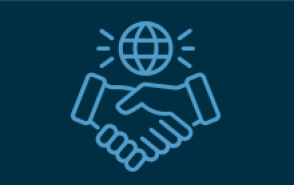 Globe above hands clasped in a shaking motion. 