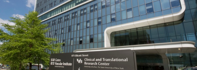 Aerial image of the Medical School Building with the Buffalo Niagara Medical Campus in downtown Buffalo taken in July 2020. Photographer: Mark Adams. 