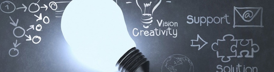 Graphic with a light bulb in front of a chalkboard featuring words like "Creativity" and "Support.". 