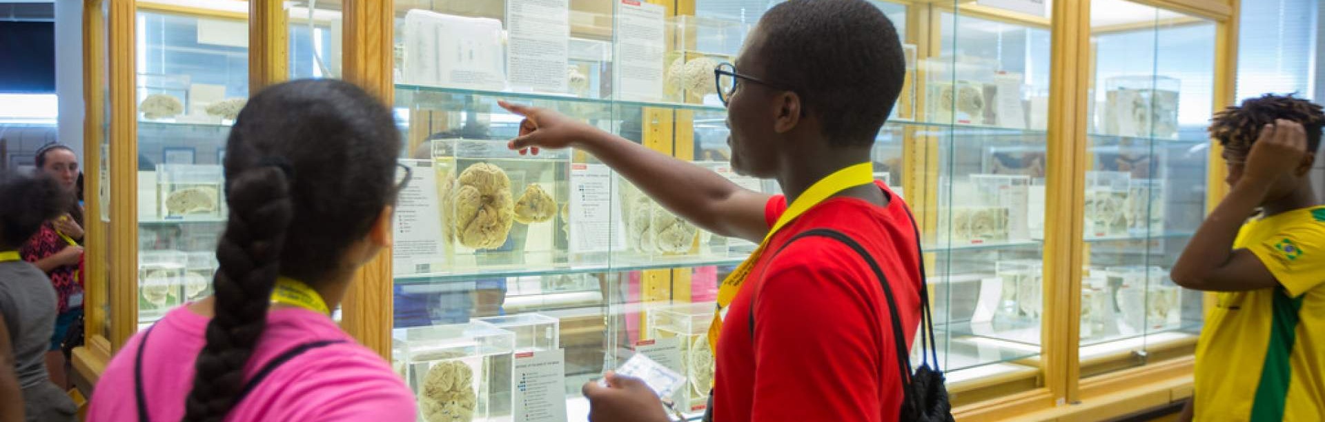 Photo of children on a field trip, with a boy pointing out something in a class case as a girl looks on. Text reads: Community Engagement Aligning community, research, and training priorities to improve health. 