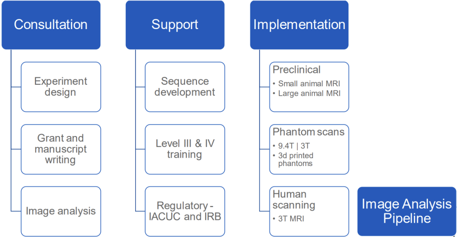 Graphic featuring boxes stating imaging services, including Consultation - Support - Implementation. 