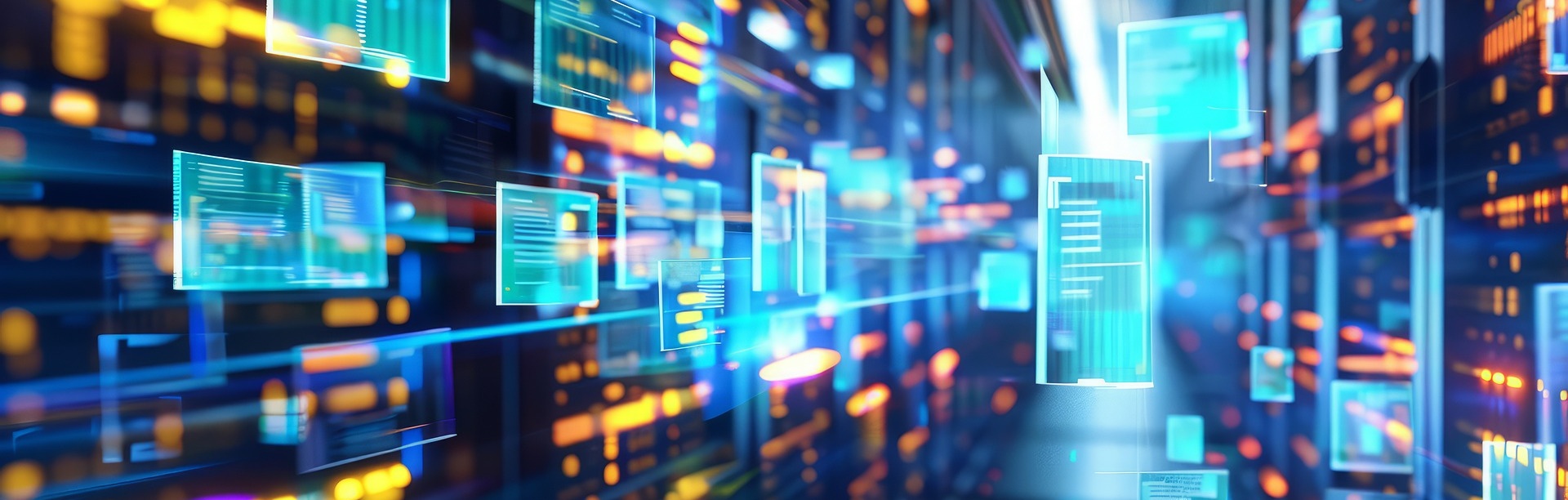 Visual representation of data flowing through the air in a colorful, computer-like setting. Text reads: Institute for Healthcare Informatics Secure storage, aggregation, provision, and innovative analysis of healthcare data.