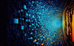 Graphic of different colored digital boxes moving into an abyss. 