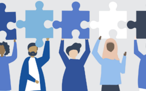 Graphic of diverse adults holding puzzle pieces. 