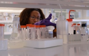 Photo of a researcher in a lab reaching for a test tube. 