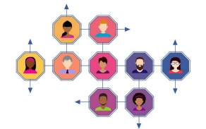 Graphic in which arrows point between a diverse group of people. 