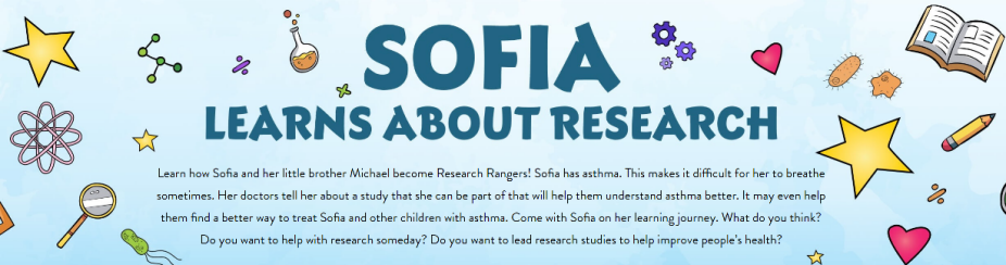 Excerpt of an illustration from the CTSI's "Sofia Learns About Research Book," featuring a summary of the book and drawwings of books, magnifying glasses, etc. 