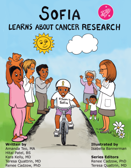 Photo of the cover of "Sofia Learns About Cancer Research". 