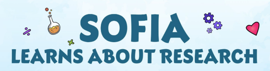Excerpt of an illustration from the CTSI's "Sofia Learns About Research Book," featuring a summary of the book and drawwings of books, magnifying glasses, etc. 